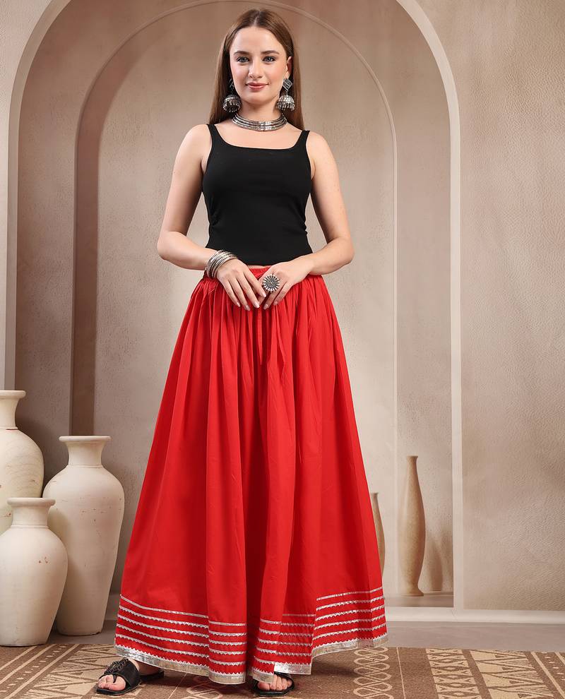Red plain cotton flared maxi skirt for women