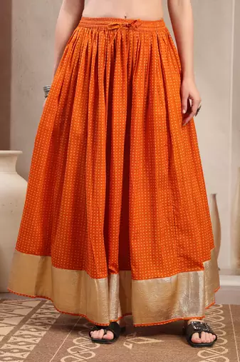 Orange plain cotton flared maxi skirt for women