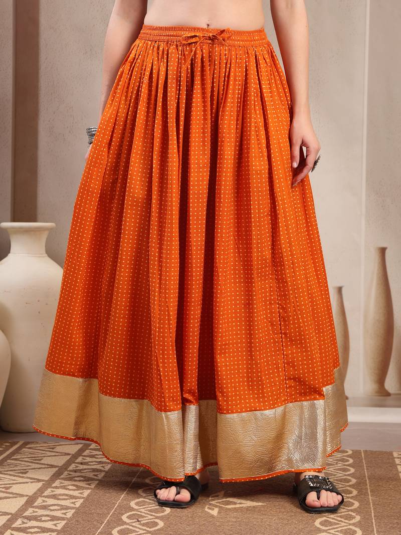 Orange plain cotton flared maxi skirt for women