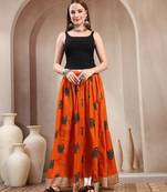 Orange graphic printed cotton flared maxi skirt for women