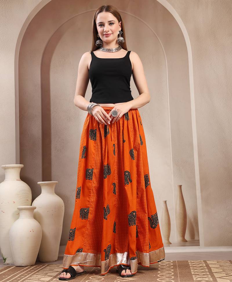 Orange graphic printed cotton flared maxi skirt for women