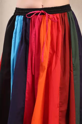 Multicolor color blocked cotton flared maxi skirt for women