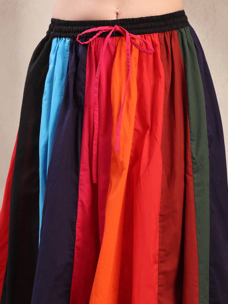 Multicolor color blocked cotton flared maxi skirt for women