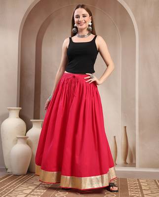 Pink plain cotton flared maxi skirt for women 1