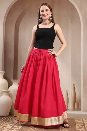Pink plain cotton flared maxi skirt for women