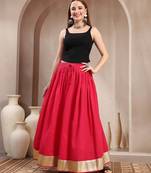 Pink plain cotton flared maxi skirt for women
