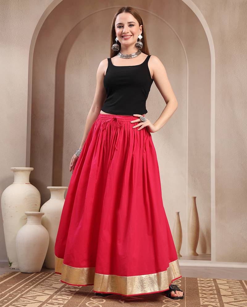 Pink plain cotton flared maxi skirt for women