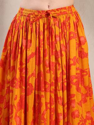Orange floral printed cotton flared maxi skirt for women 4