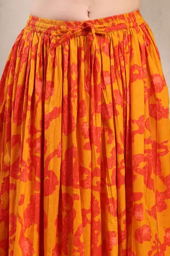 Orange floral printed cotton flared maxi skirt for women