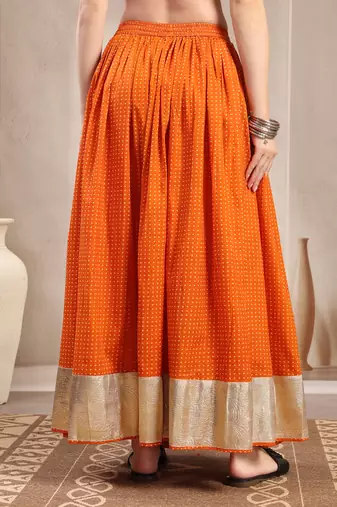 Orange plain cotton flared maxi skirt for women