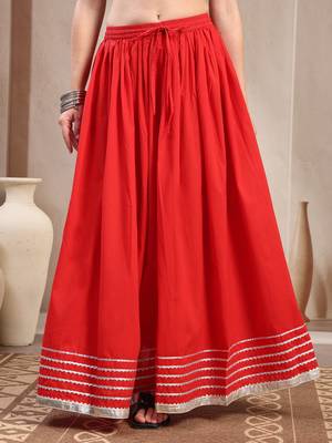 Red plain cotton flared maxi skirt for women 2