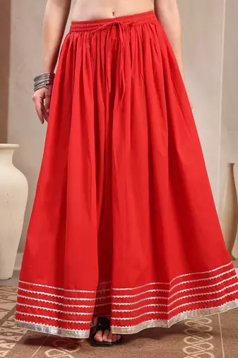 Red plain cotton flared maxi skirt for women