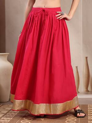 Pink plain cotton flared maxi skirt for women 2
