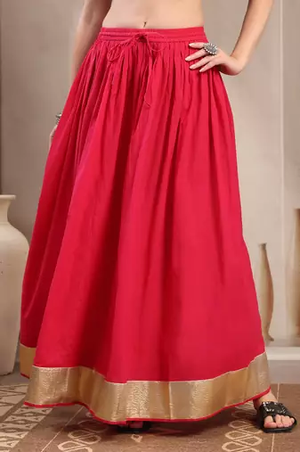 Pink plain cotton flared maxi skirt for women