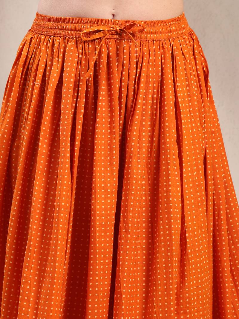 Orange plain cotton flared maxi skirt for women