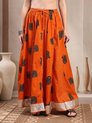 Orange graphic printed cotton flared maxi skirt for women 2
