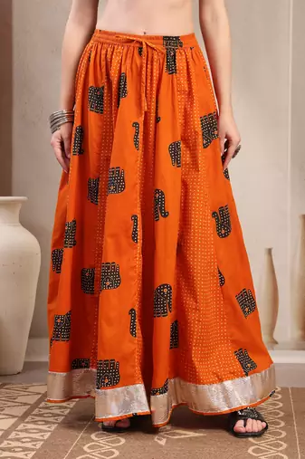 Orange graphic printed cotton flared maxi skirt for women