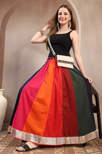 Multicolor color blocked cotton flared maxi skirt for women