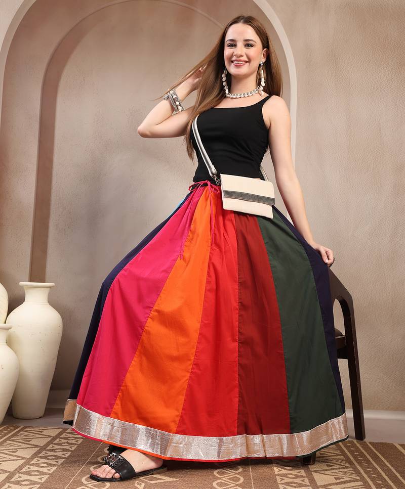 Multicolor color blocked cotton flared maxi skirt for women