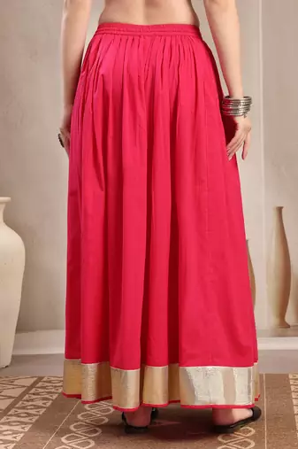 Pink plain cotton flared maxi skirt for women