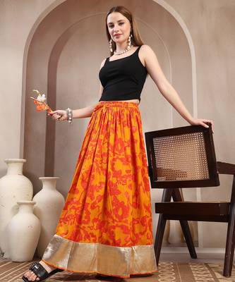 Orange floral printed cotton flared maxi skirt for women 5