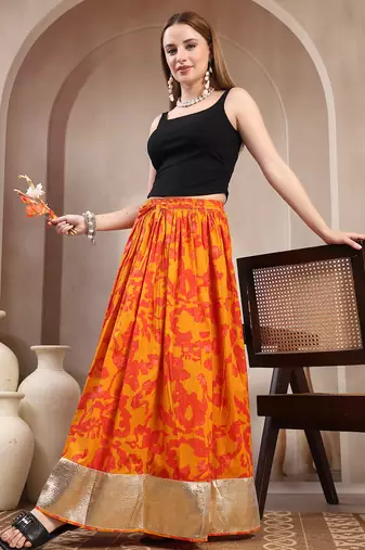 Orange floral printed cotton flared maxi skirt for women
