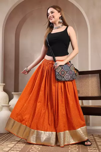 Orange plain cotton flared maxi skirt for women