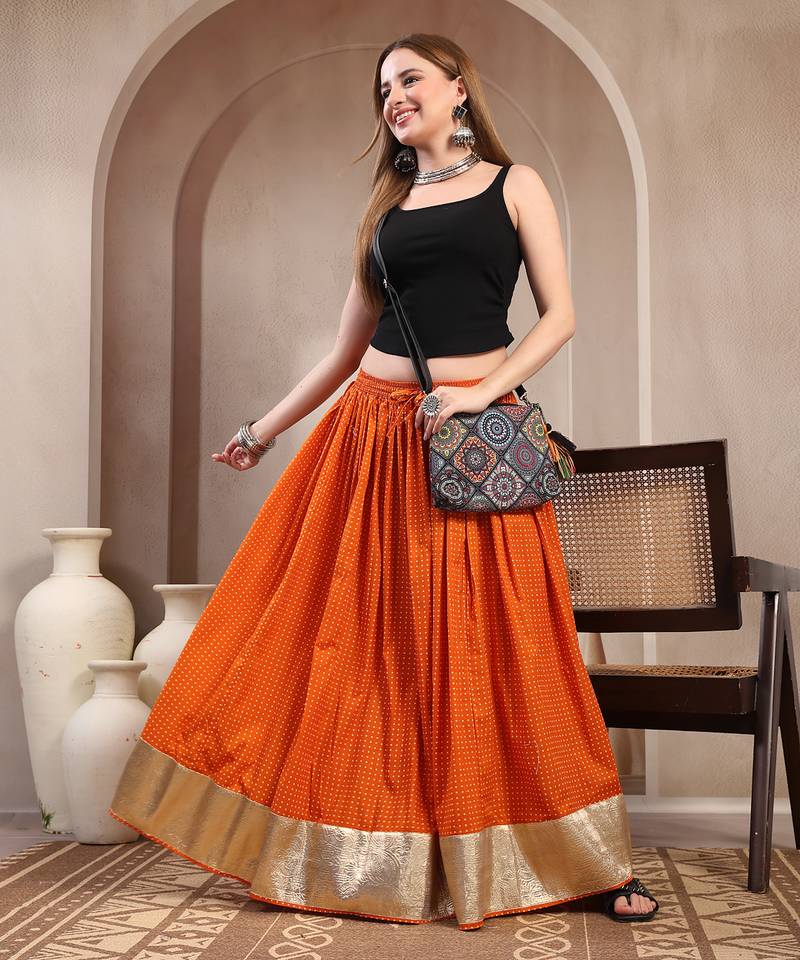 Orange plain cotton flared maxi skirt for women