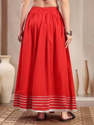 Red plain cotton flared maxi skirt for women 3