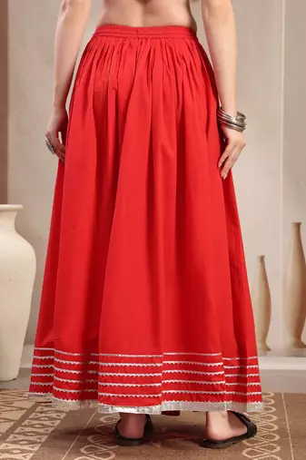 Red plain cotton flared maxi skirt for women