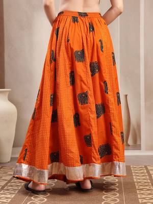 Orange graphic printed cotton flared maxi skirt for women 3