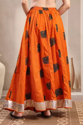 Orange graphic printed cotton flared maxi skirt for women