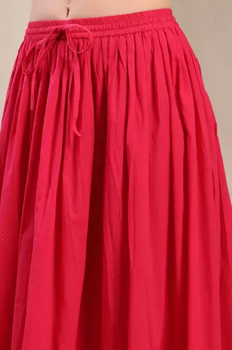 Pink plain cotton flared maxi skirt for women