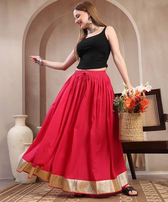 Pink plain cotton flared maxi skirt for women 5