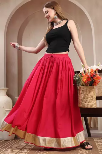 Pink plain cotton flared maxi skirt for women