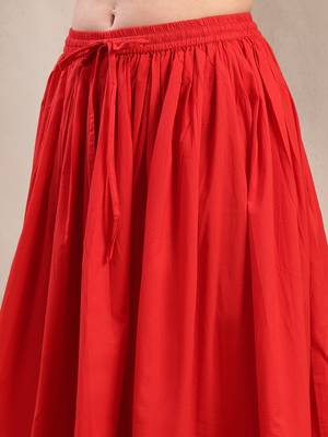 Red plain cotton flared maxi skirt for women 4