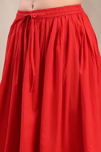 Red plain cotton flared maxi skirt for women