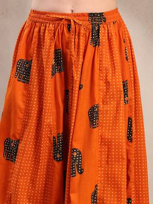 Orange graphic printed cotton flared maxi skirt for women 4