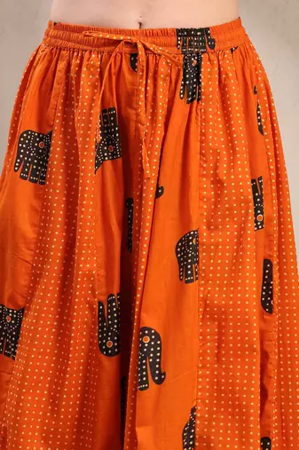 Orange graphic printed cotton flared maxi skirt for women