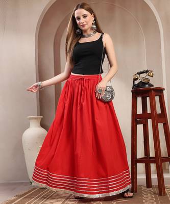 Red plain cotton flared maxi skirt for women 5