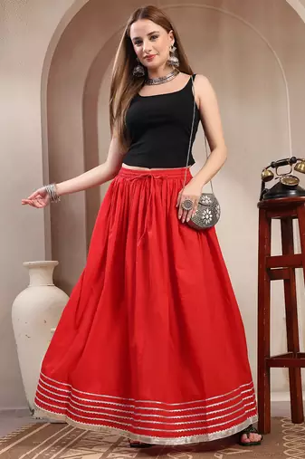 Red plain cotton flared maxi skirt for women