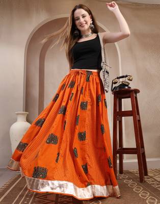 Orange graphic printed cotton flared maxi skirt for women 5