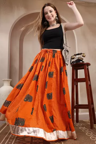 Orange graphic printed cotton flared maxi skirt for women