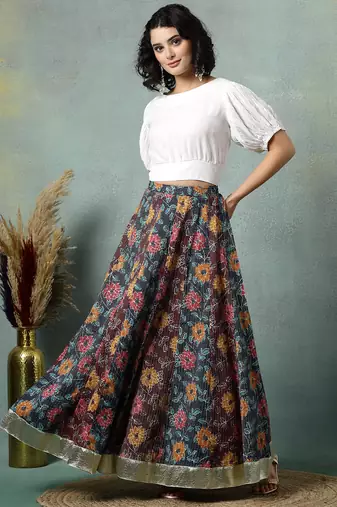 Multicolor floral printed cotton flared maxi skirt for women