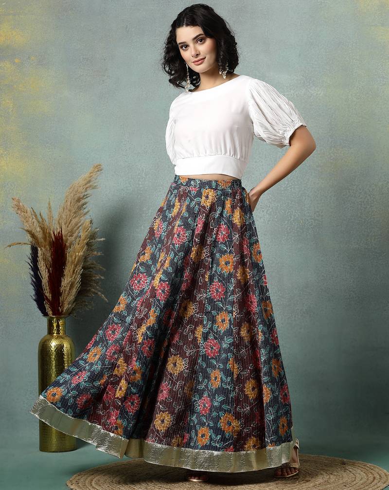 Multicolor floral printed cotton flared maxi skirt for women