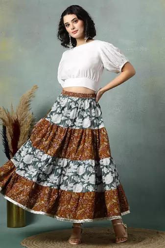 Multicolor floral printed cotton flared maxi skirt for women