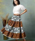 Multicolor floral printed cotton flared maxi skirt for women