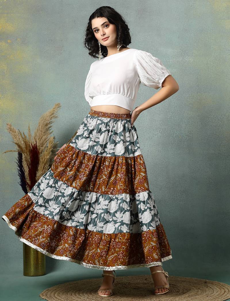 Multicolor floral printed cotton flared maxi skirt for women
