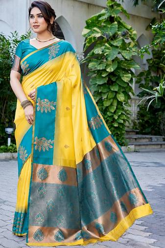 Yellow & teal blue woven art silk traditional saree with unstitched blouse
