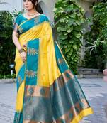 Yellow & teal blue woven art silk traditional saree with unstitched blouse